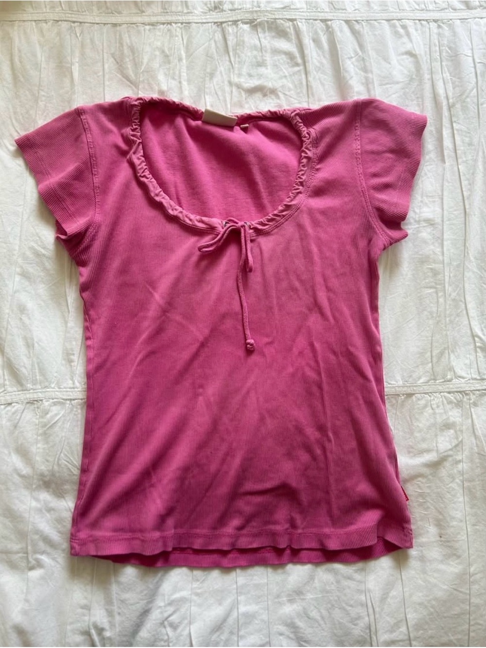 Pink Short Sleeve babydoll Ribbed Scoop Neck Tank with Front Tie top